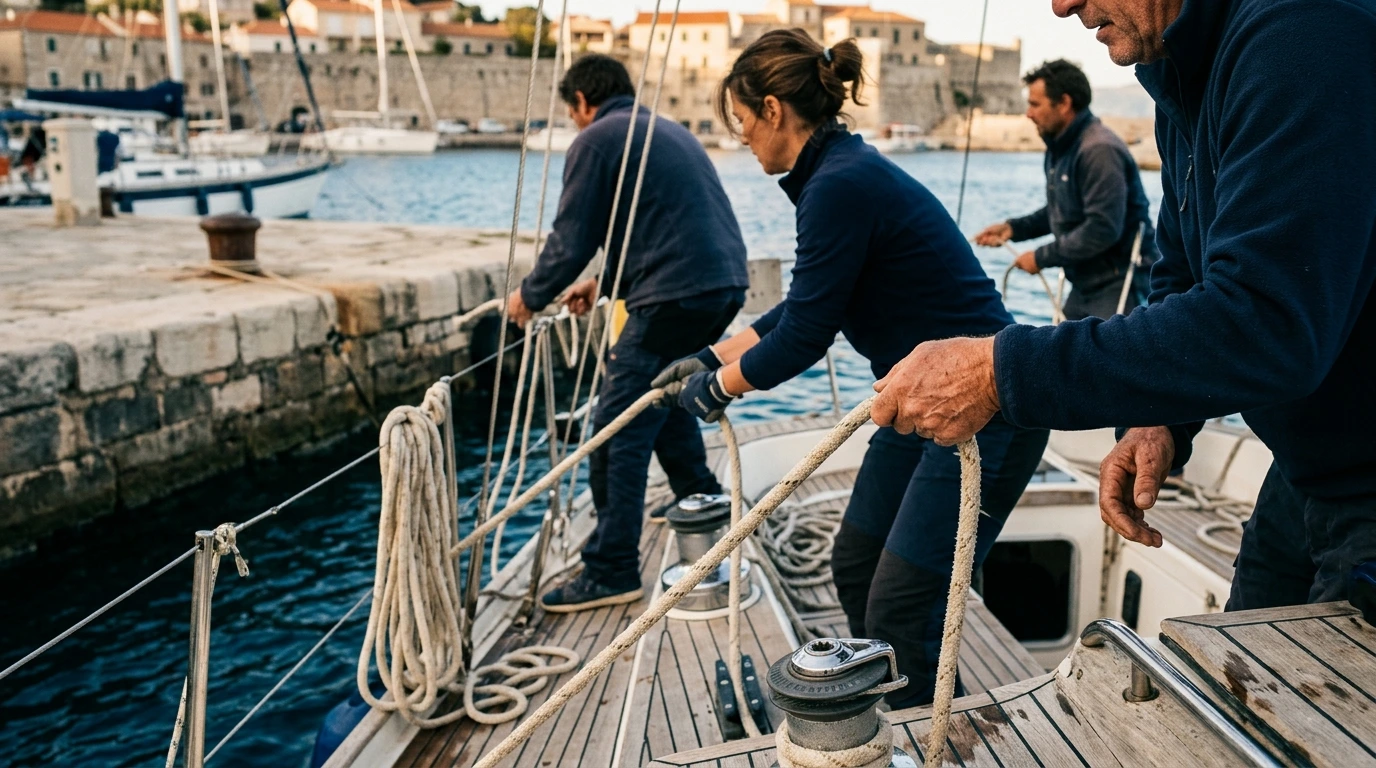 Skipper e equipaggio a bordo durante una manovra di ormeggio