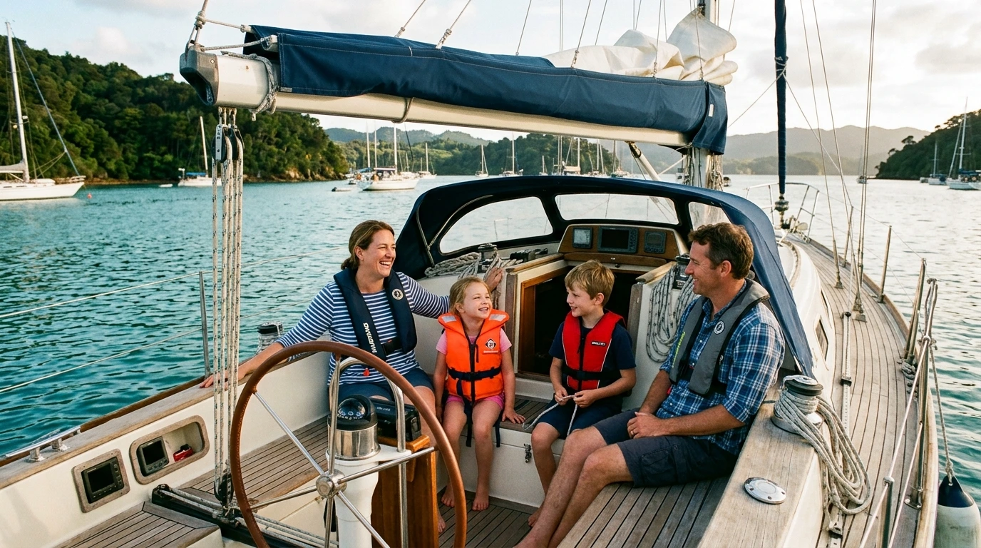 Famiglia con bambini a bordo di una barca a vela in rada