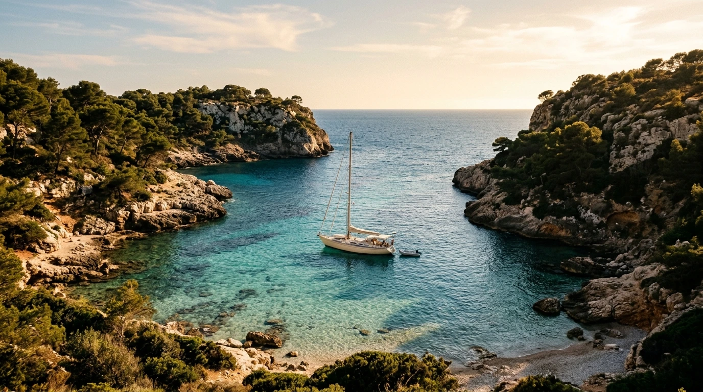 Barca a vela alla fonda in una baia del Mediterraneo