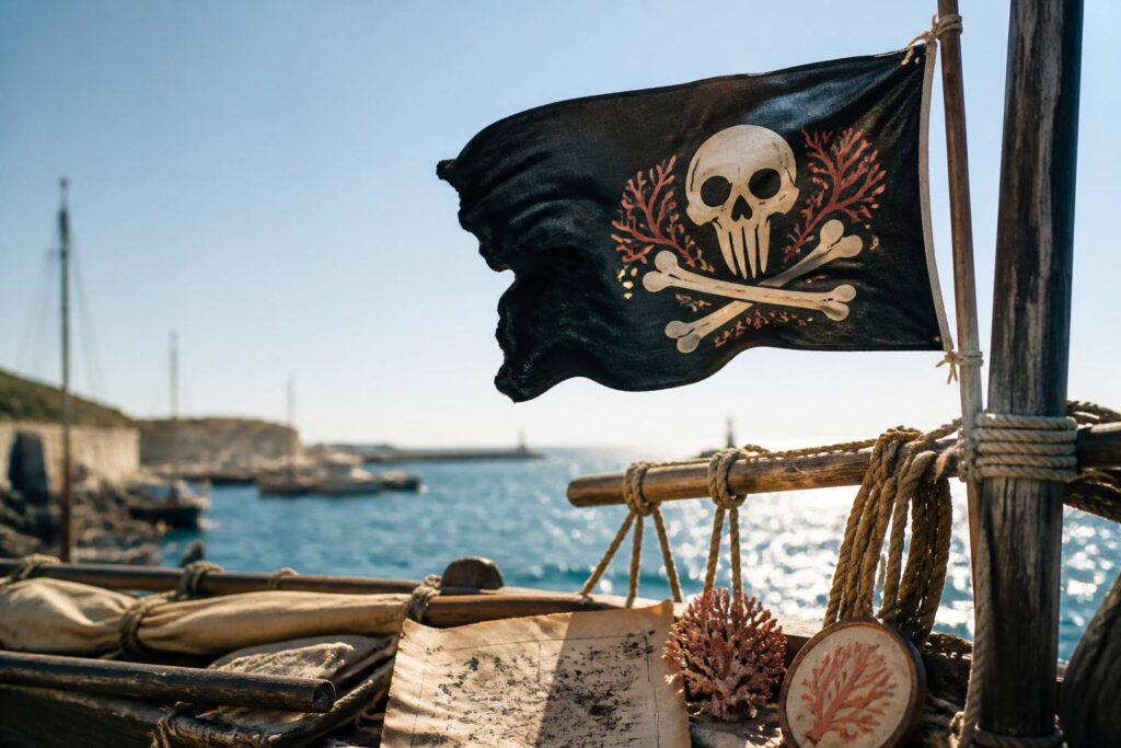 Pavillon pirate générique hissé en haut du mât d'un bateau au port