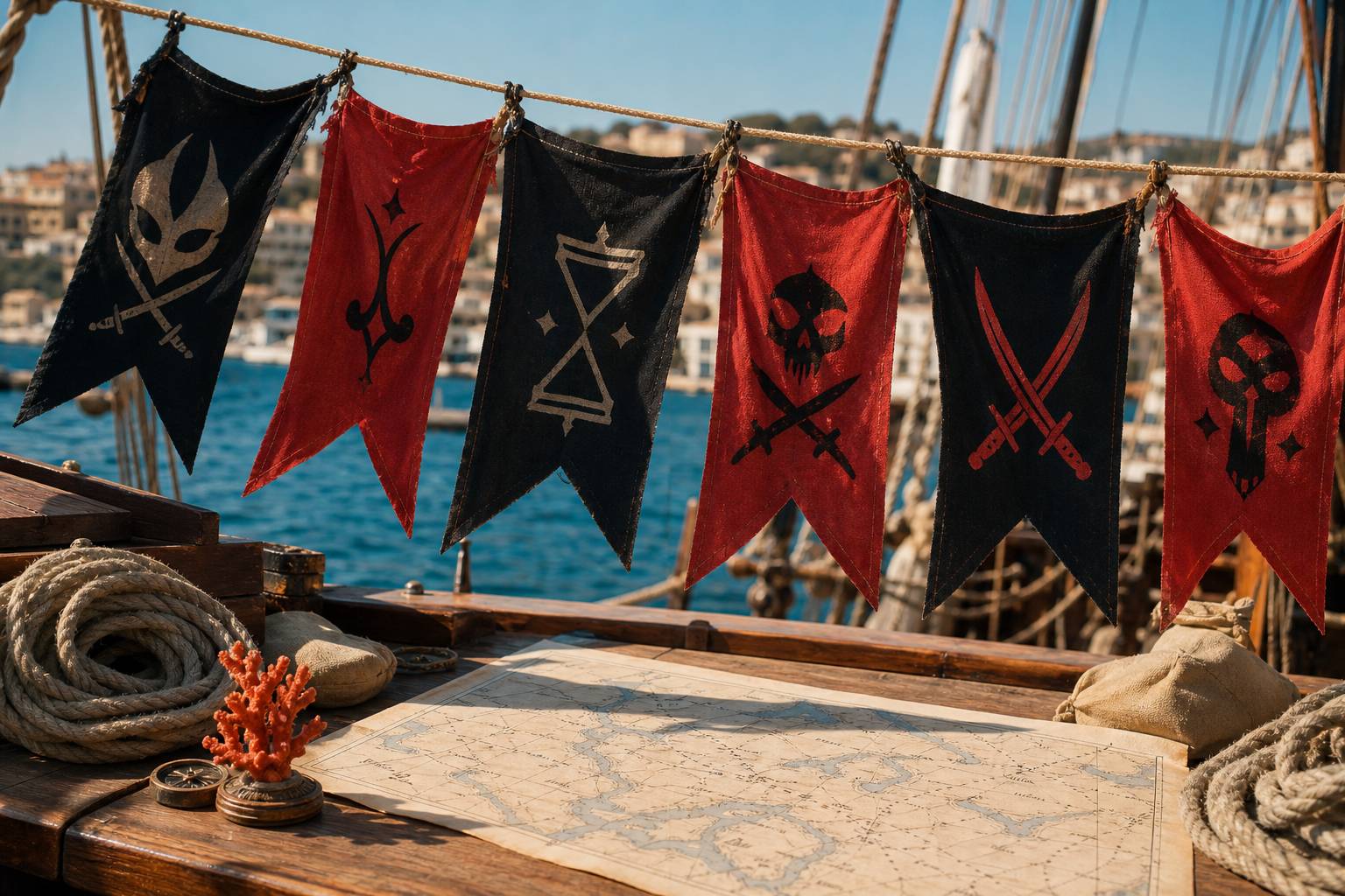Collection de pavillons pirates génériques suspendus à une corde