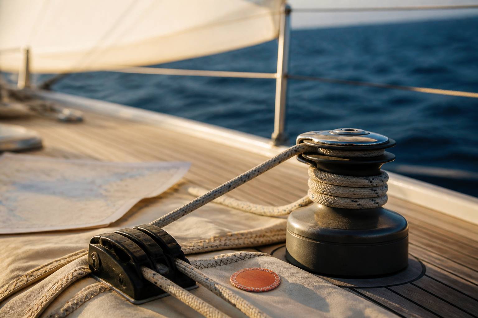 Cordages et winch sur le pont d'un voilier en navigation