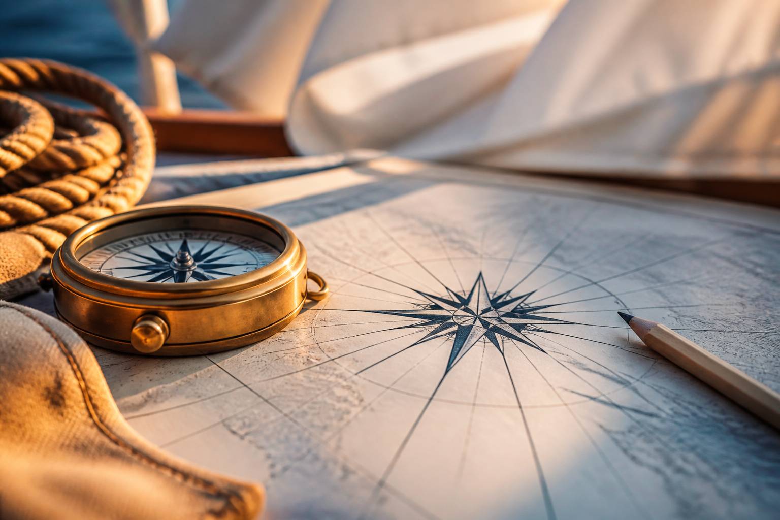 Rose des vents dessinée sur une carte avec un compas de navigation