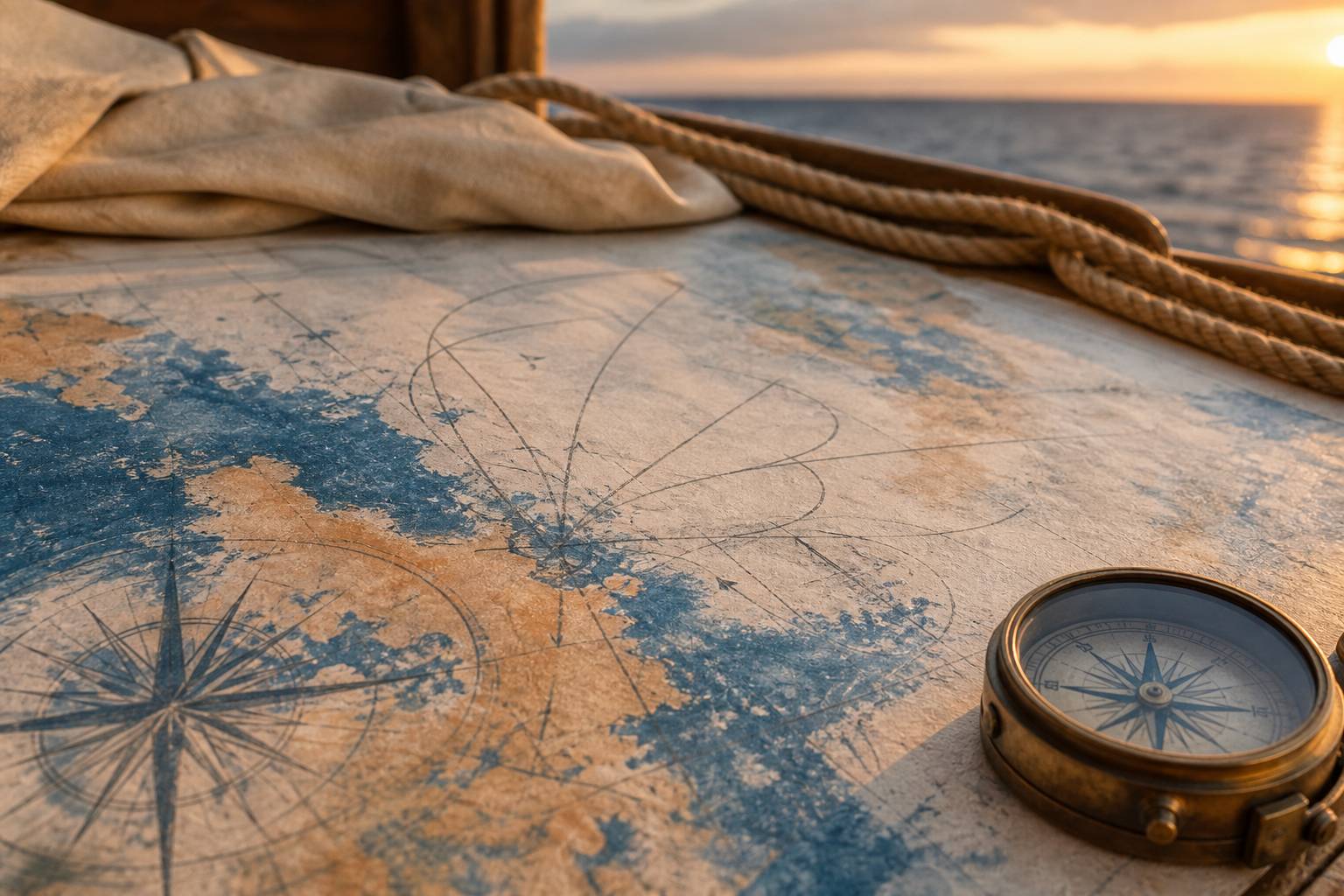 Carte marine annotée avec une rose des vents et un compas de navigation en laiton