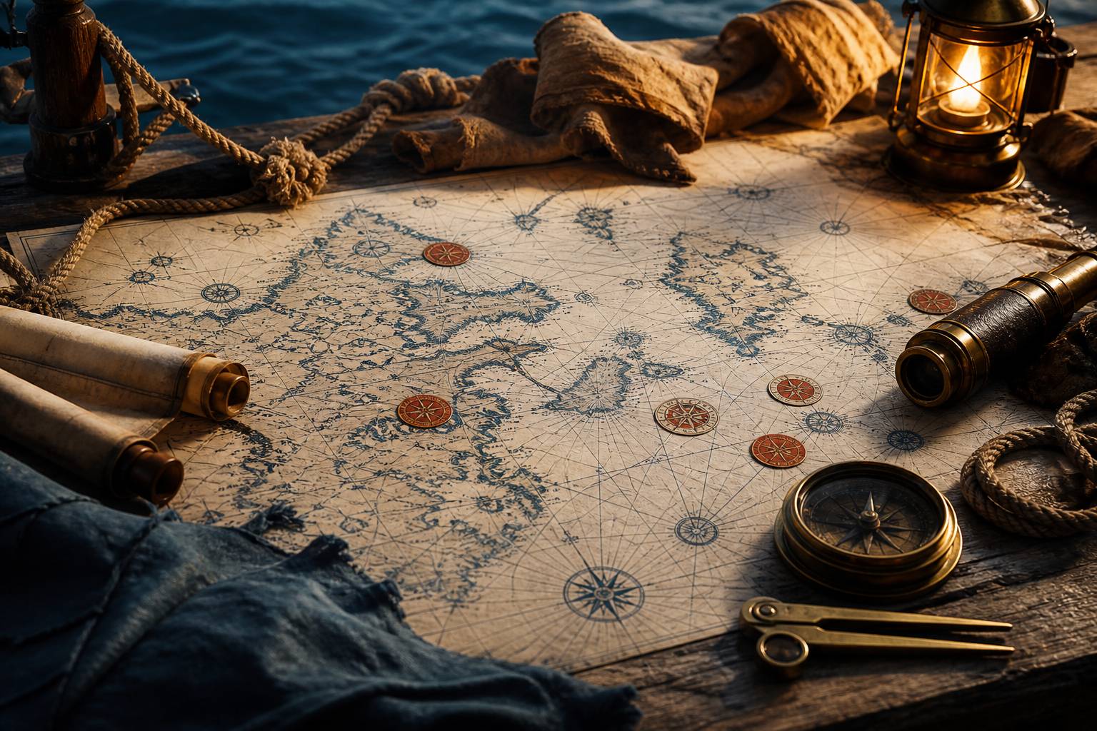 Carte marine ancienne avec compas de marine en laiton et cordages