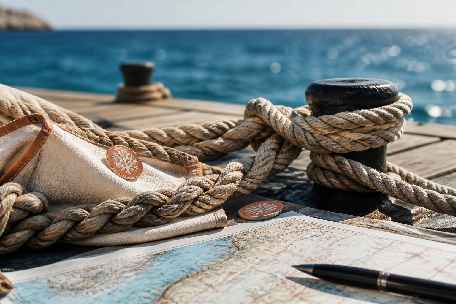 Cordages attachés à une bitte d'amarrage sur un ponton