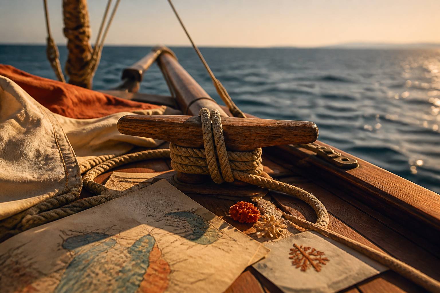 Détail de proue avec cordage et taquet en bois de marine