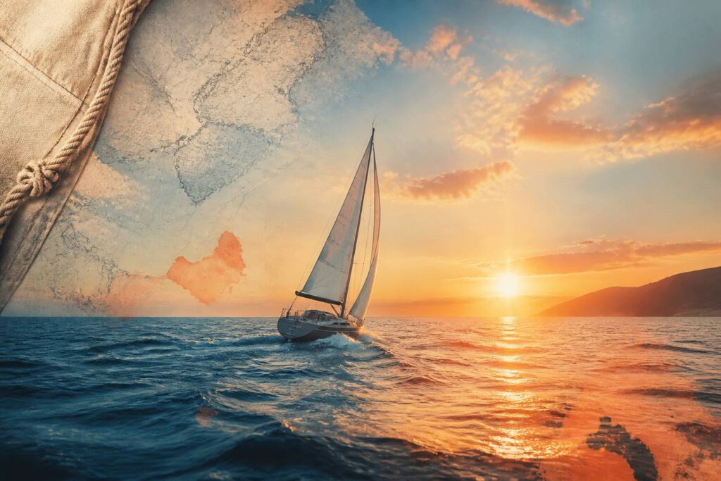 Voilier solitaire naviguant sur un océan au lever du soleil