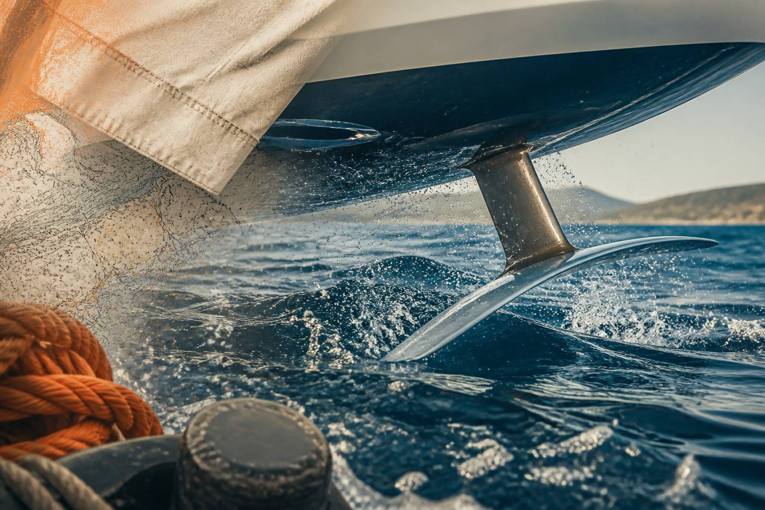 Foil métallique en forme d'aile sortant de l'eau