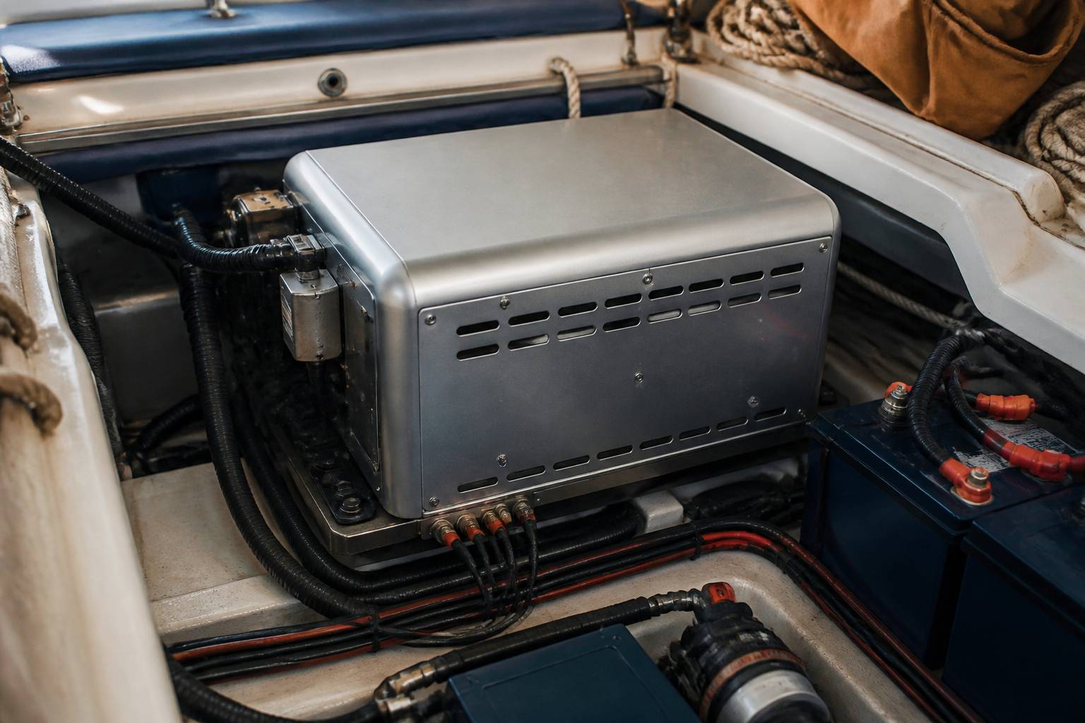 Boîtier de générateur thermique avec batteries dans un compartiment de bateau
