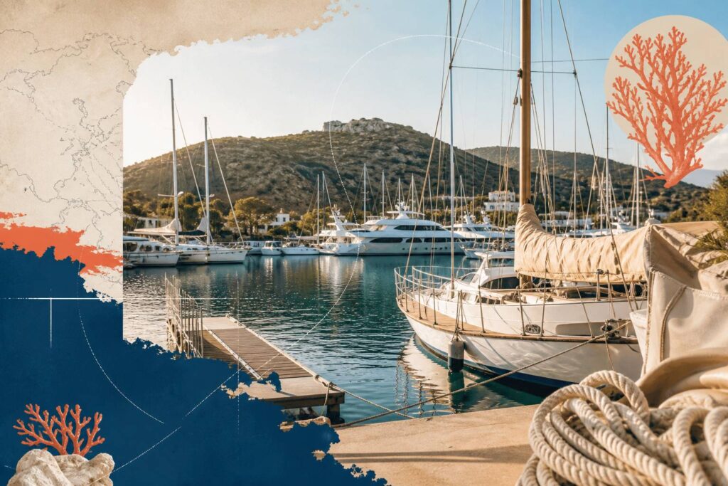 Marina mediterranea con yacht e velieri ai pontili