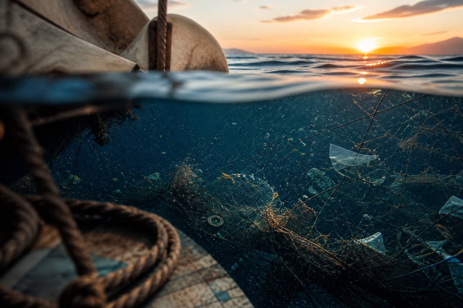 Fragments de plastique et filet abandonné flottant dans l'océan