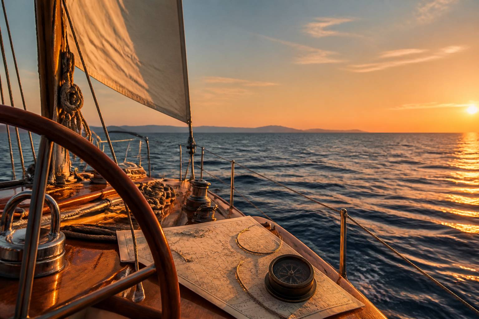 Barre et cordages d'un voilier avec une boussole en mer