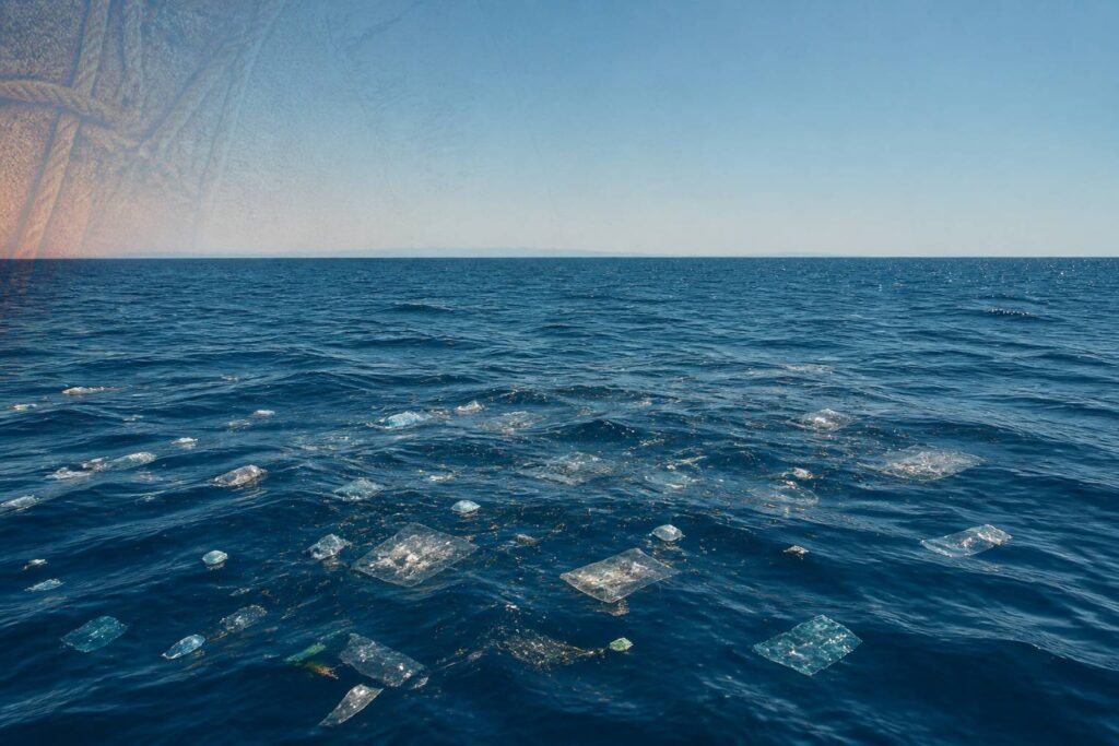 Étendue océanique avec des débris de plastique flottant en surface