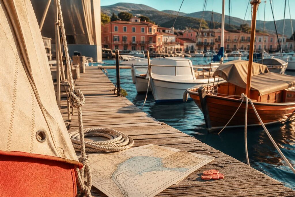 Port méditerranéen avec pontons et bateaux de plaisance