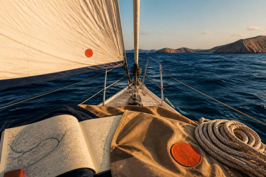 Proue d'un voilier moderne avec beaupré sur une mer bleue