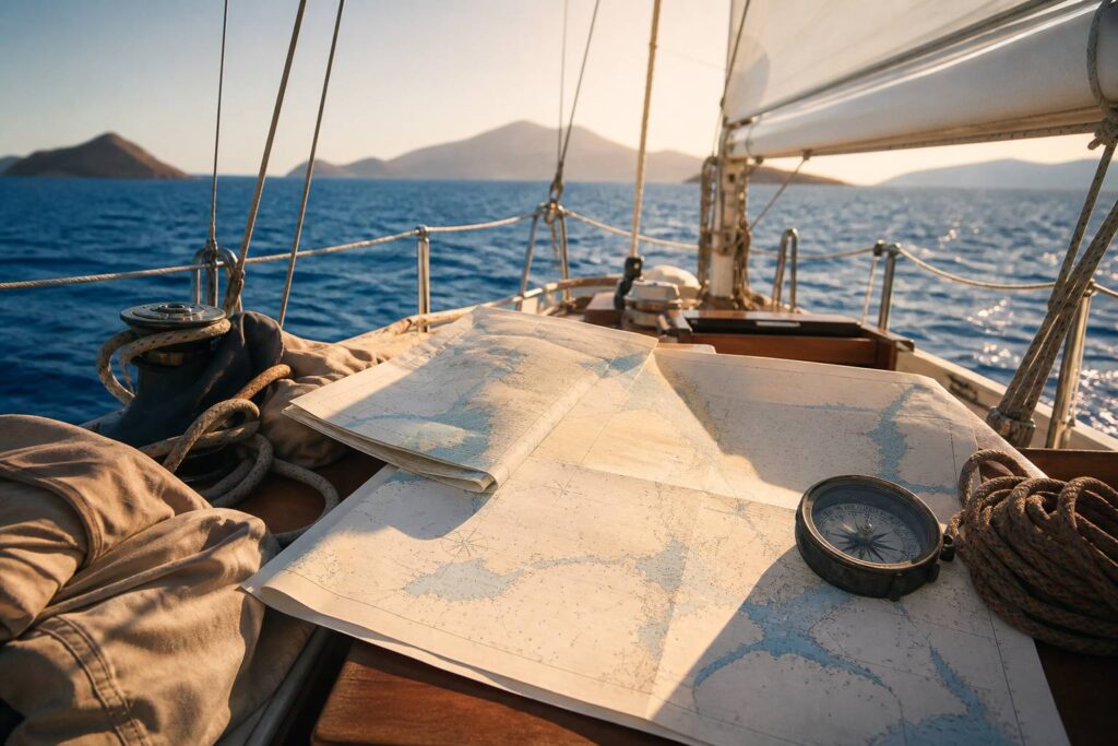 Carte nautique avec rose des vents sur un cockpit de voilier