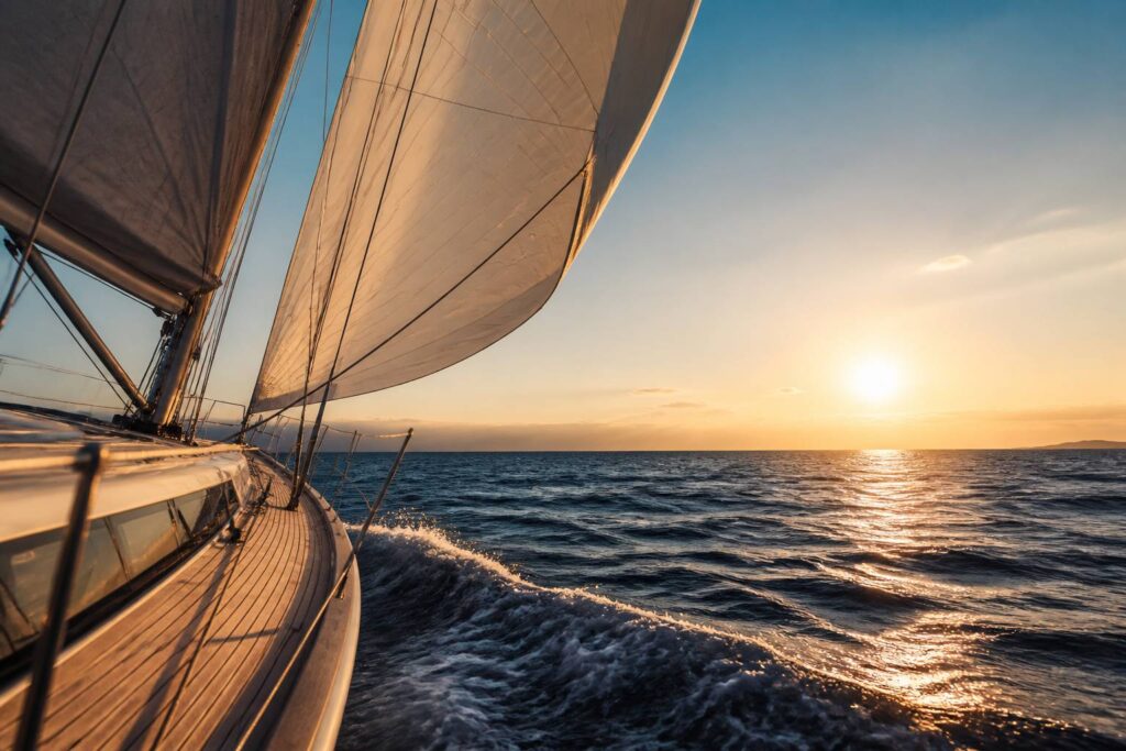 Voilier de régate générique glissant sur la mer Méditerranée avec voiles gonflées