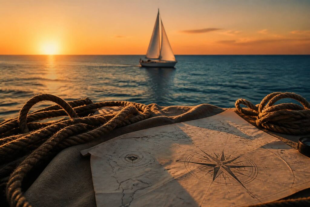 Voilier sur une mer calme au coucher du soleil avec une rose des vents au premier plan