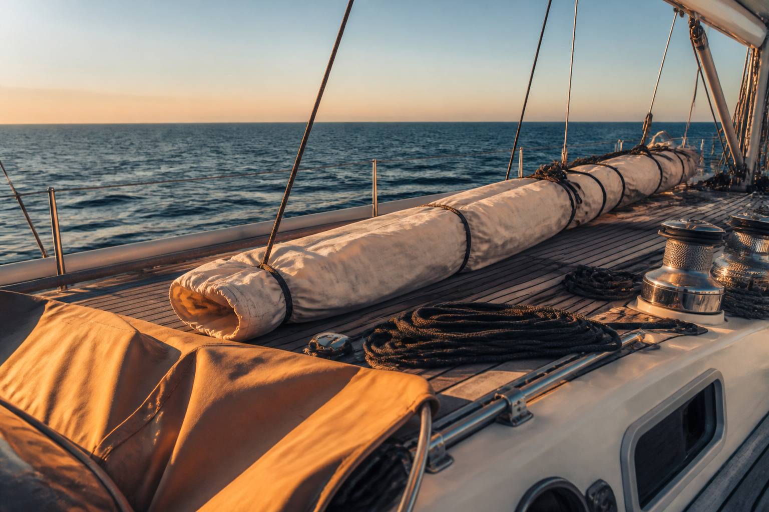 Voile de portant enroulée dans sa gaine sur le pont d'un voilier