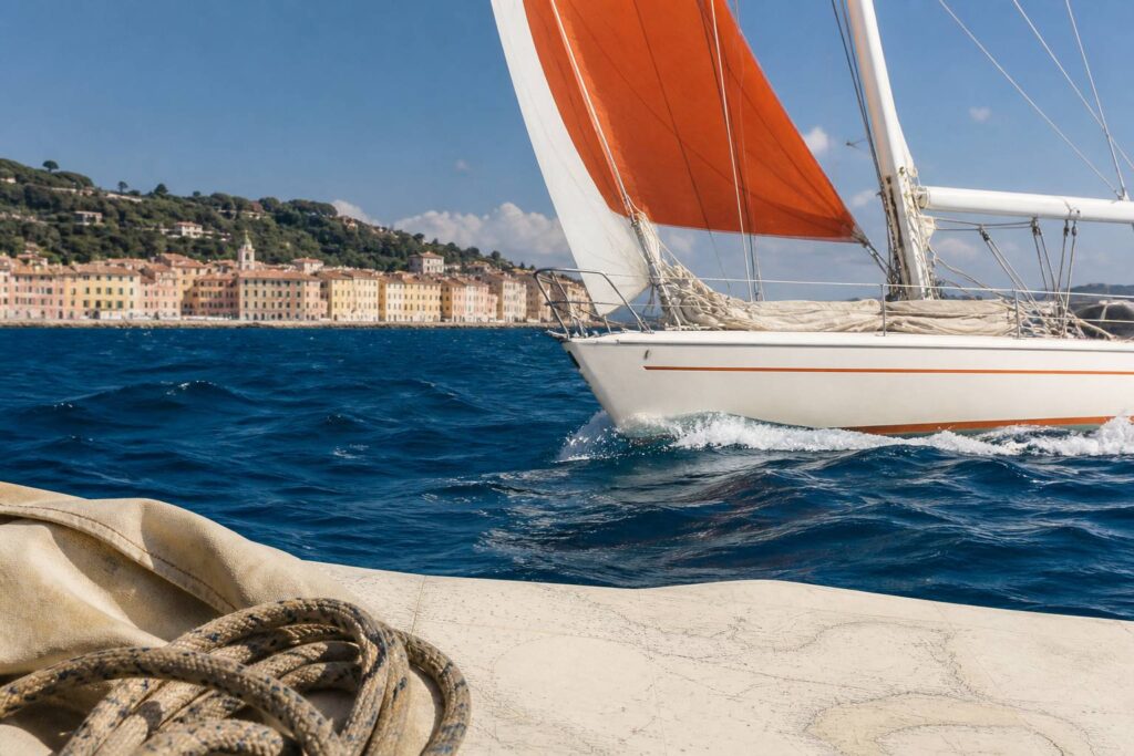 Voilier classique à coque claire naviguant près d'un port méditerranéen