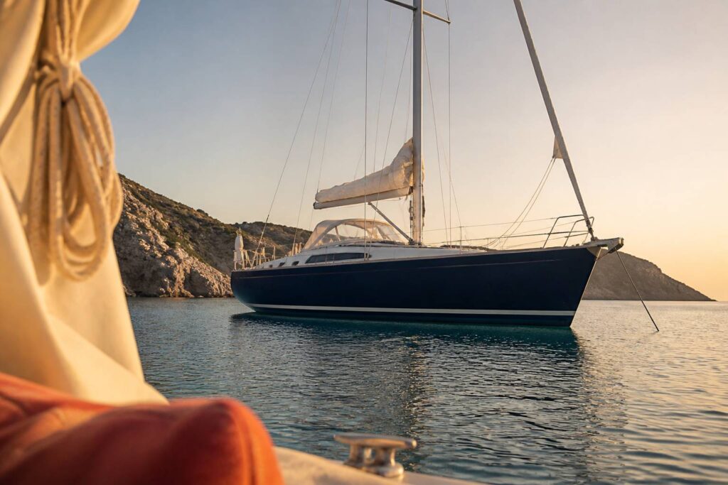 Voilier de croisière élégant au mouillage dans une baie méditerranéenne avec eau turquoise et lumière dorée