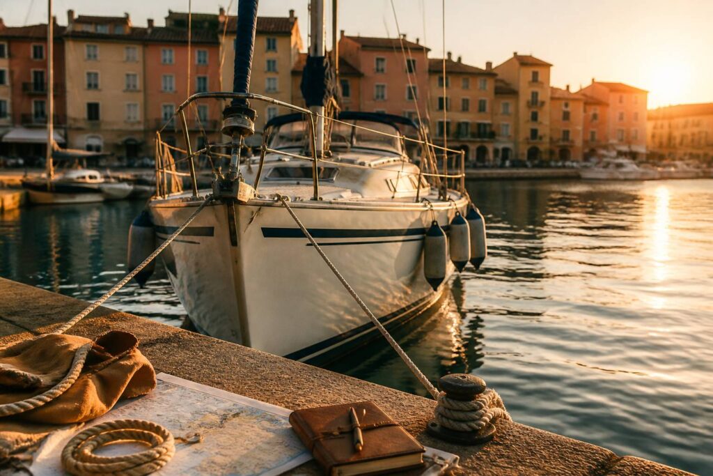 Voilier amarré par l'avant à un quai de port méditerranéen sous une lumière dorée