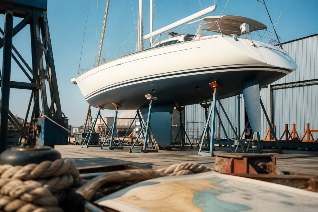 Voilier au sec dans un chantier naval avec sa quille à aileron visible sous la coque