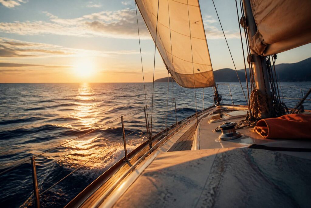 Voilier monocoque naviguant seul en Méditerranée avec voiles beige tannée sous le soleil doré du Sud