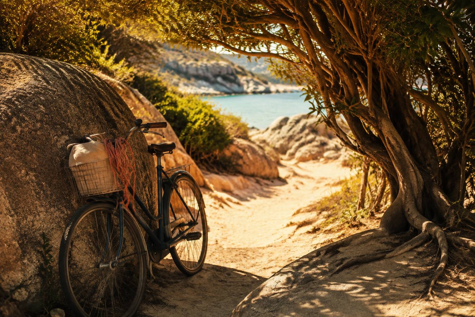 Vélo posé contre un rocher de granit sur un sentier côtier tropical