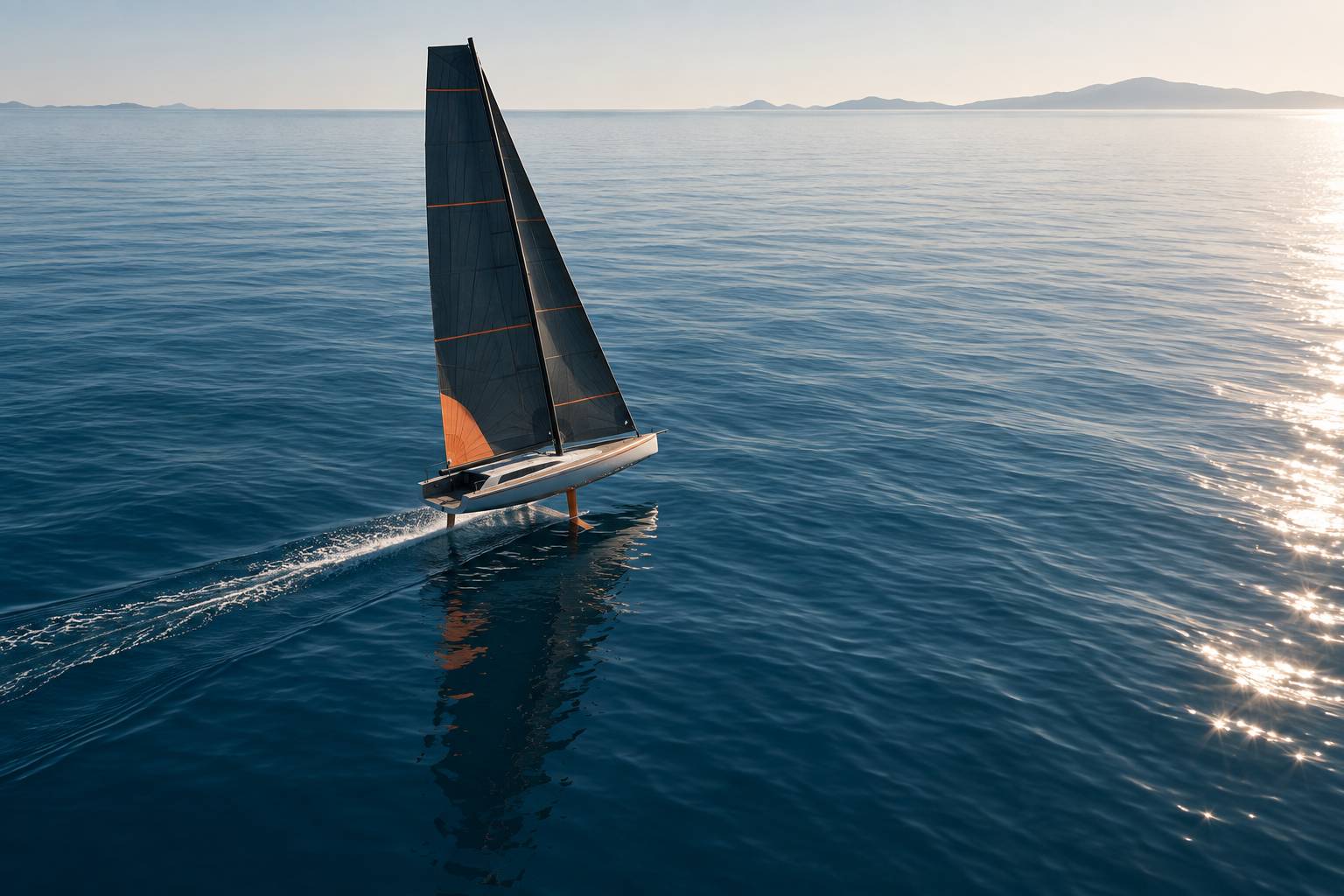 Deriveur a foil naviguant sur une eau plate et claire, horizon degage