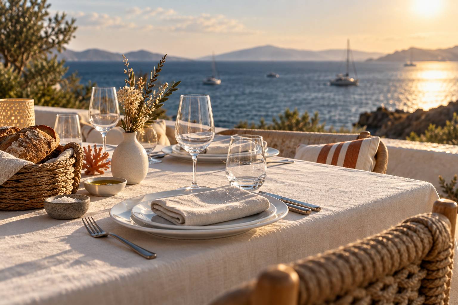 Détail d'une table dressée en bord de mer avec vaisselle et vue sur le port