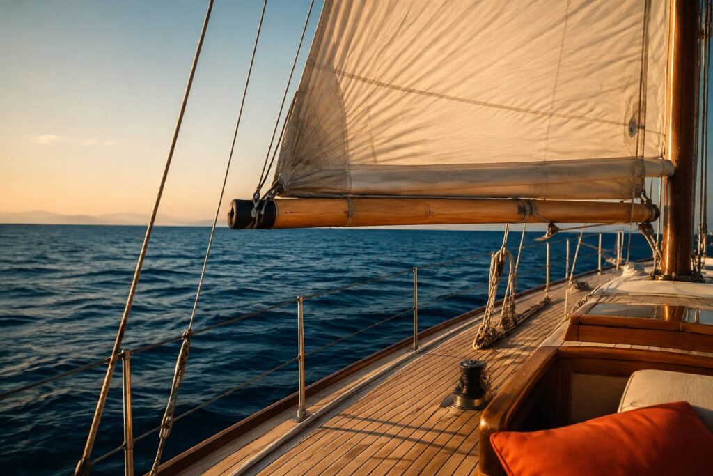 Grand-voile claire d'un voilier vue depuis l'arrière avec la mer Méditerranée en arrière-plan