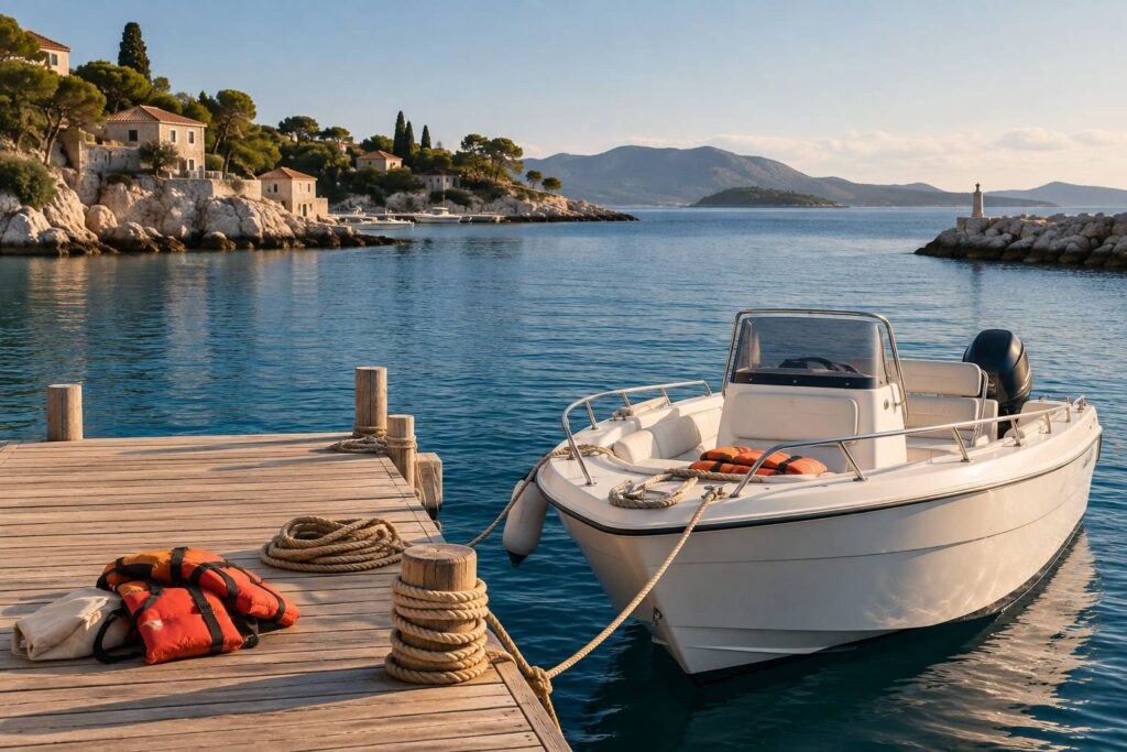 Bateau a moteur blanc amarre a un ponton de petit port