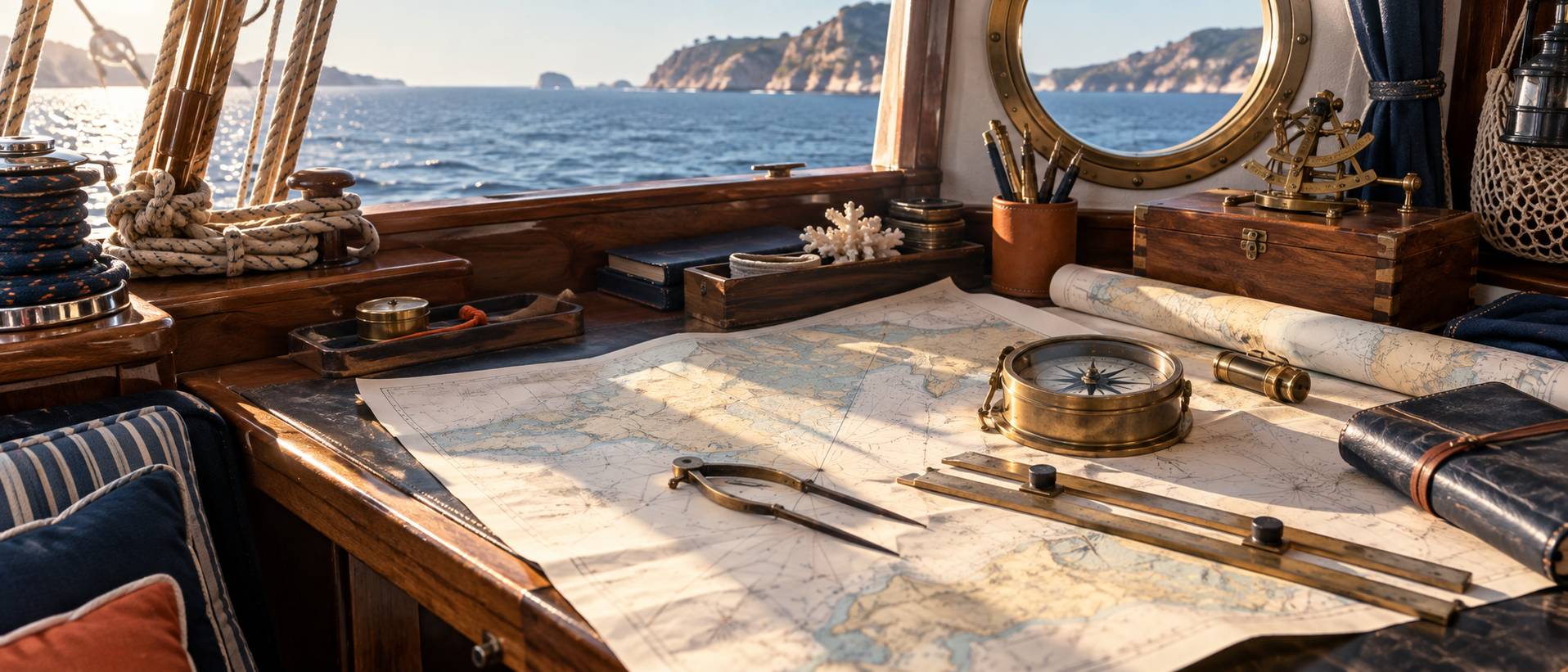 Mer calme vue d'un voilier avec instruments de navigation cotiere