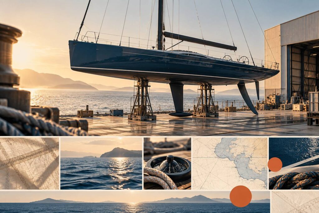 Grand voilier monocoque de course sur un chantier portuaire méditerranéen