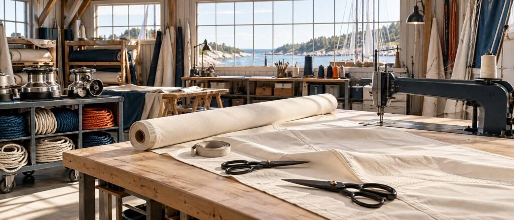 Atelier de voilerie avec rouleaux de toile, machine à coudre et cordages