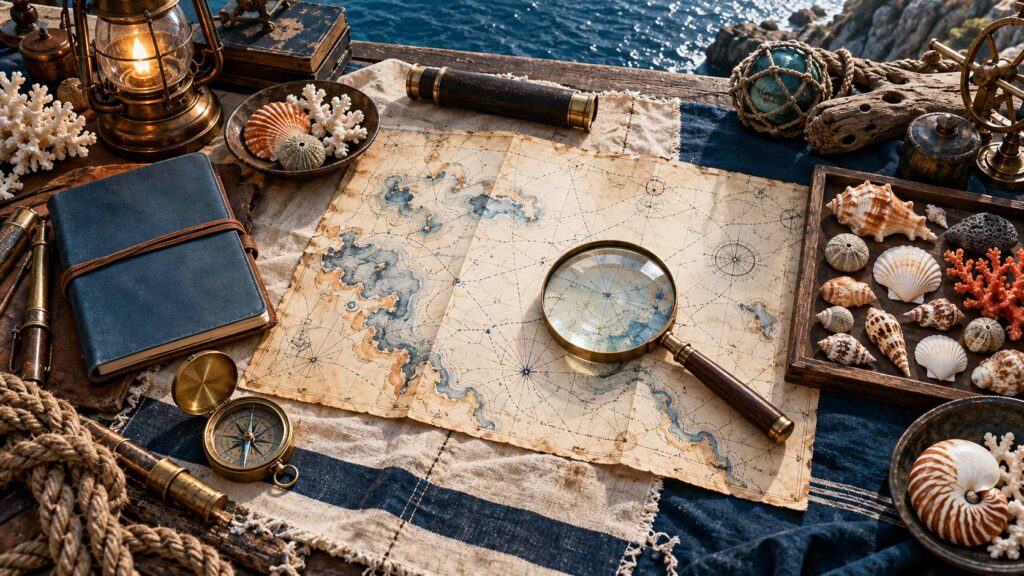 Carte marine ancienne sous une loupe entourée de coquillages, coraux et compas de laiton