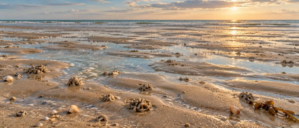 Fond sableux découvert à marée basse avec petites coulures de sable et eau claire