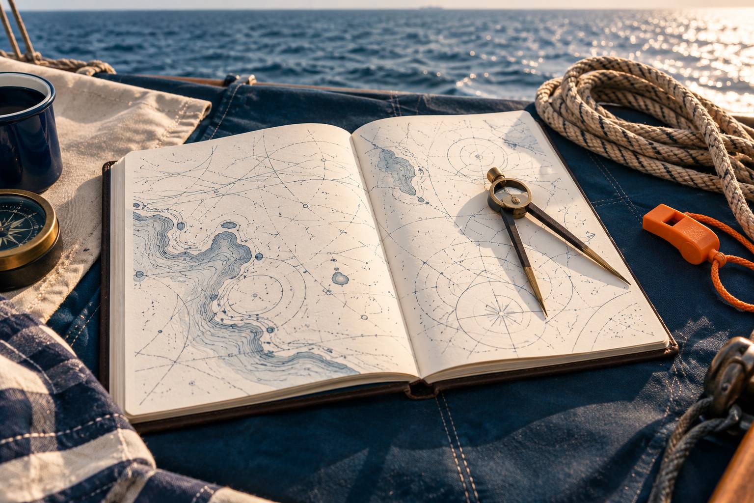 Carnet de bord maritime vierge avec compas et cordage
