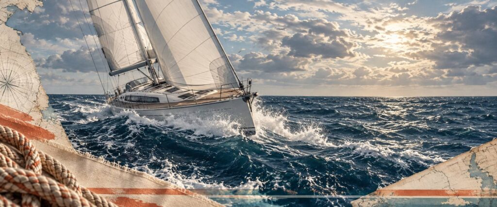 Voilier de croisiere generique naviguant au pres sur une mer formee avec voiles tendues