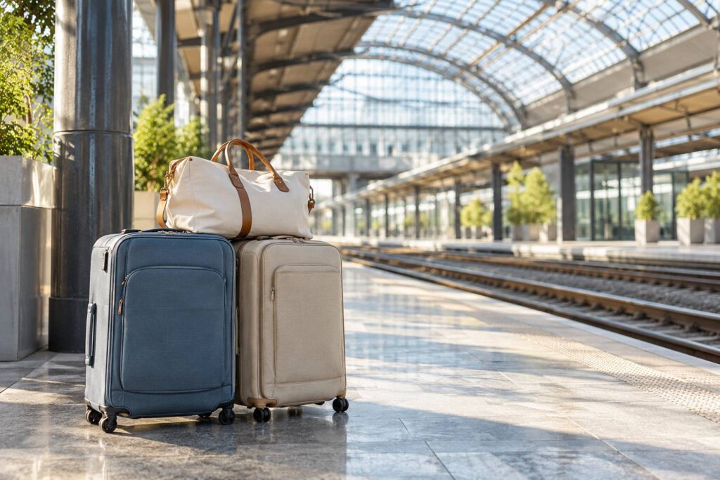 Deux valises côte à côte sur un quai de gare lumineux avec un sac en toile