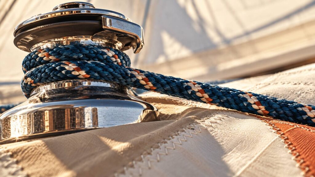 Winch inox et cordage tressé près d'une couture de voile en macro