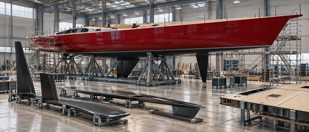 Coque de voilier de course rouge profond en chantier naval sous échafaudages