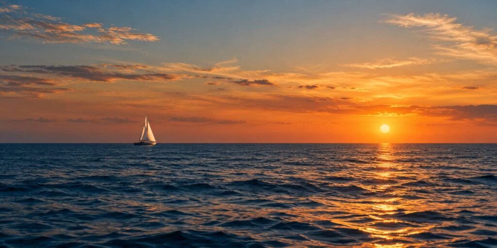 Voilier blanc aux voiles déployées vu de loin sur une mer calme au coucher du soleil
